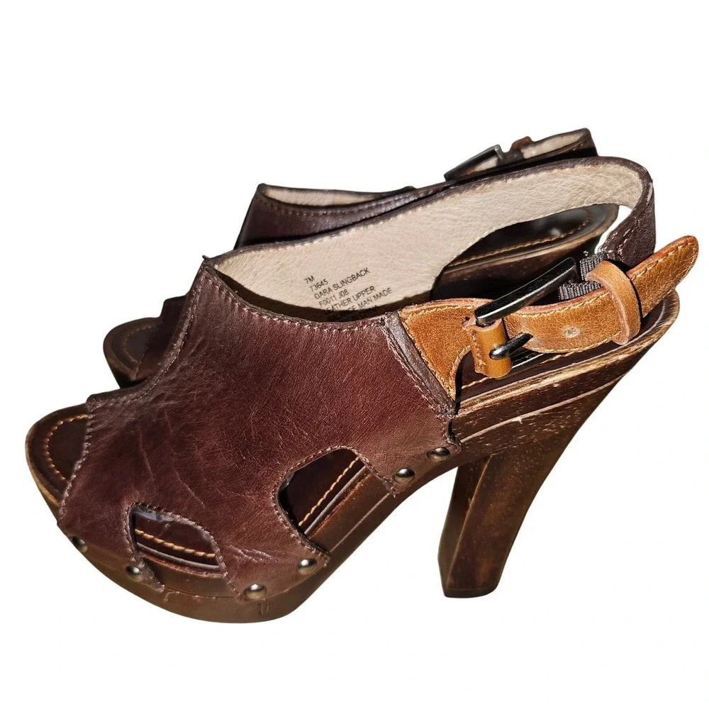 Frye Dara‎ Slingback Dark Brown Leather Wooden Platform Block Heel Sandals 7M